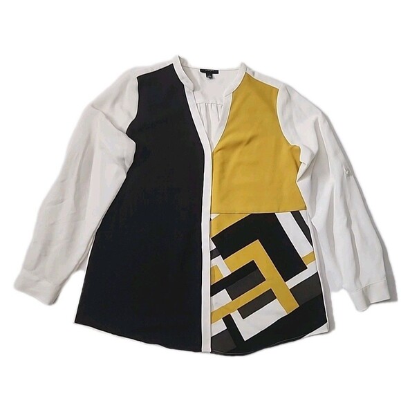 Alfani Women's Medium Button Up Career Shirt Top Black & Geometric Print NWT - Picture 2 of 10